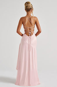 Baby Pink Satin Long Dress With Ruffled Slit