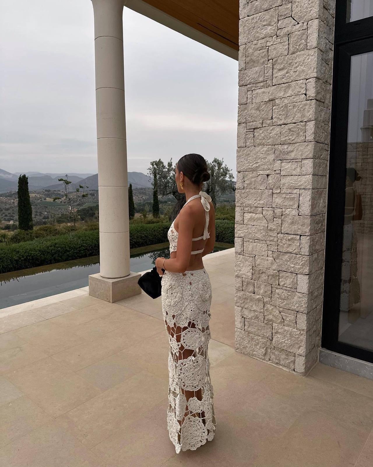 White haltered flower knitted  long dress