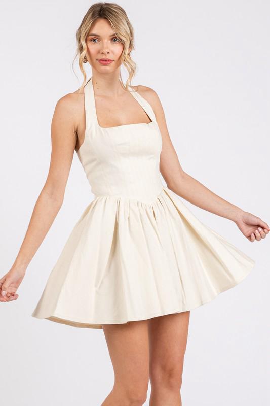 Beige Halter Open Back Short Dress