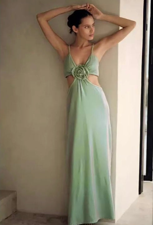 Sage Rosette Satin Long Dress