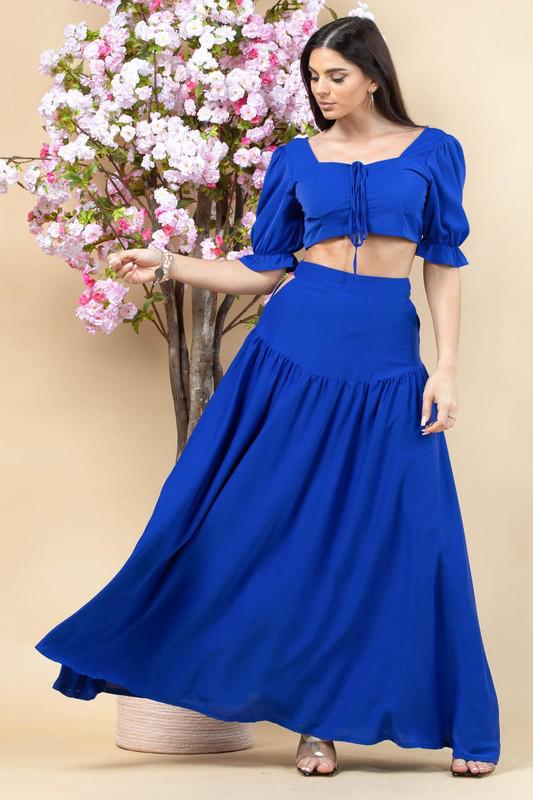 Royal blue set long cut out skirt with ruffle top