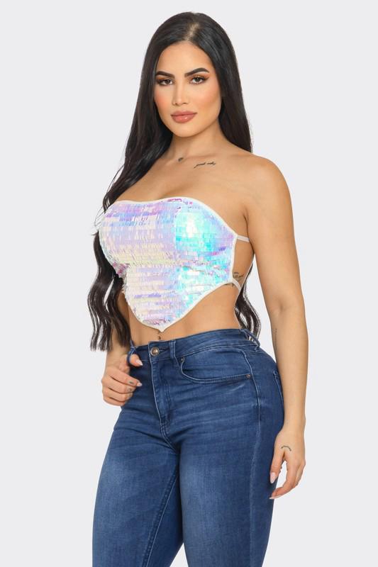 Colorful Sequins Top Open Back