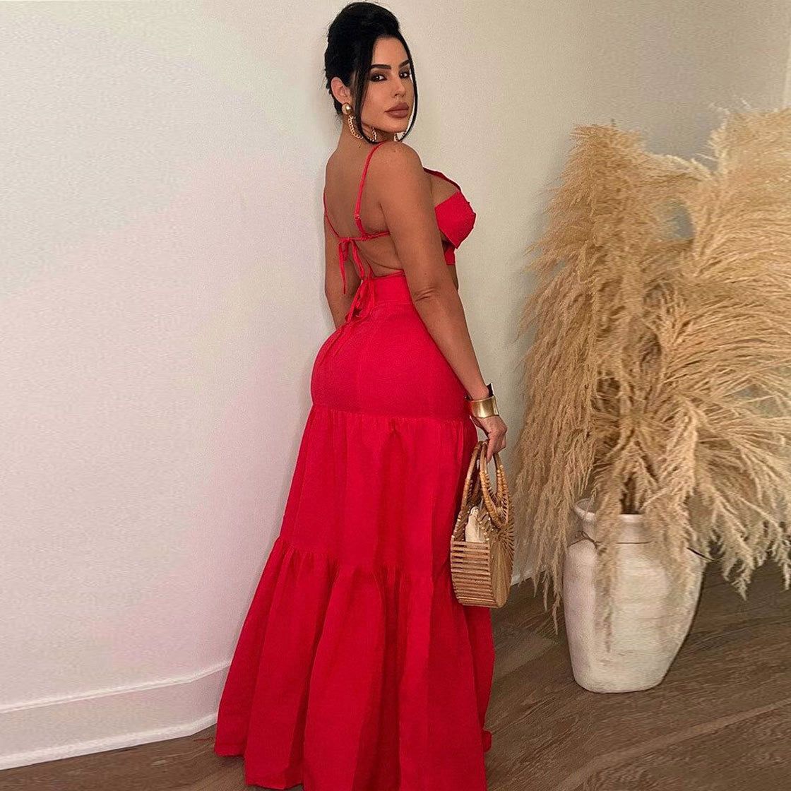 Red set flower top,  long skirt with belt