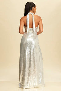 Silver Sequins Halter Long Dress With Slit