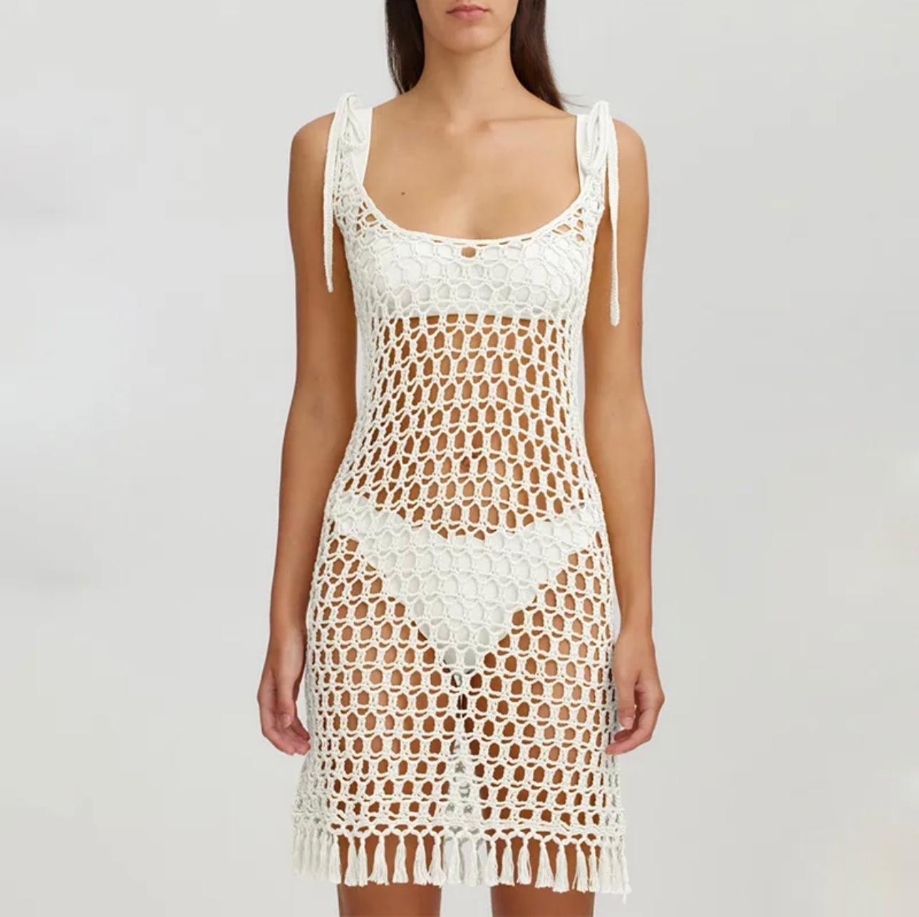 White Crochet Fringes Cover Up