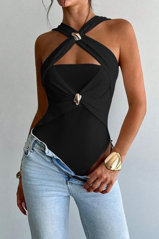 Black Crossed Bodysuit Top