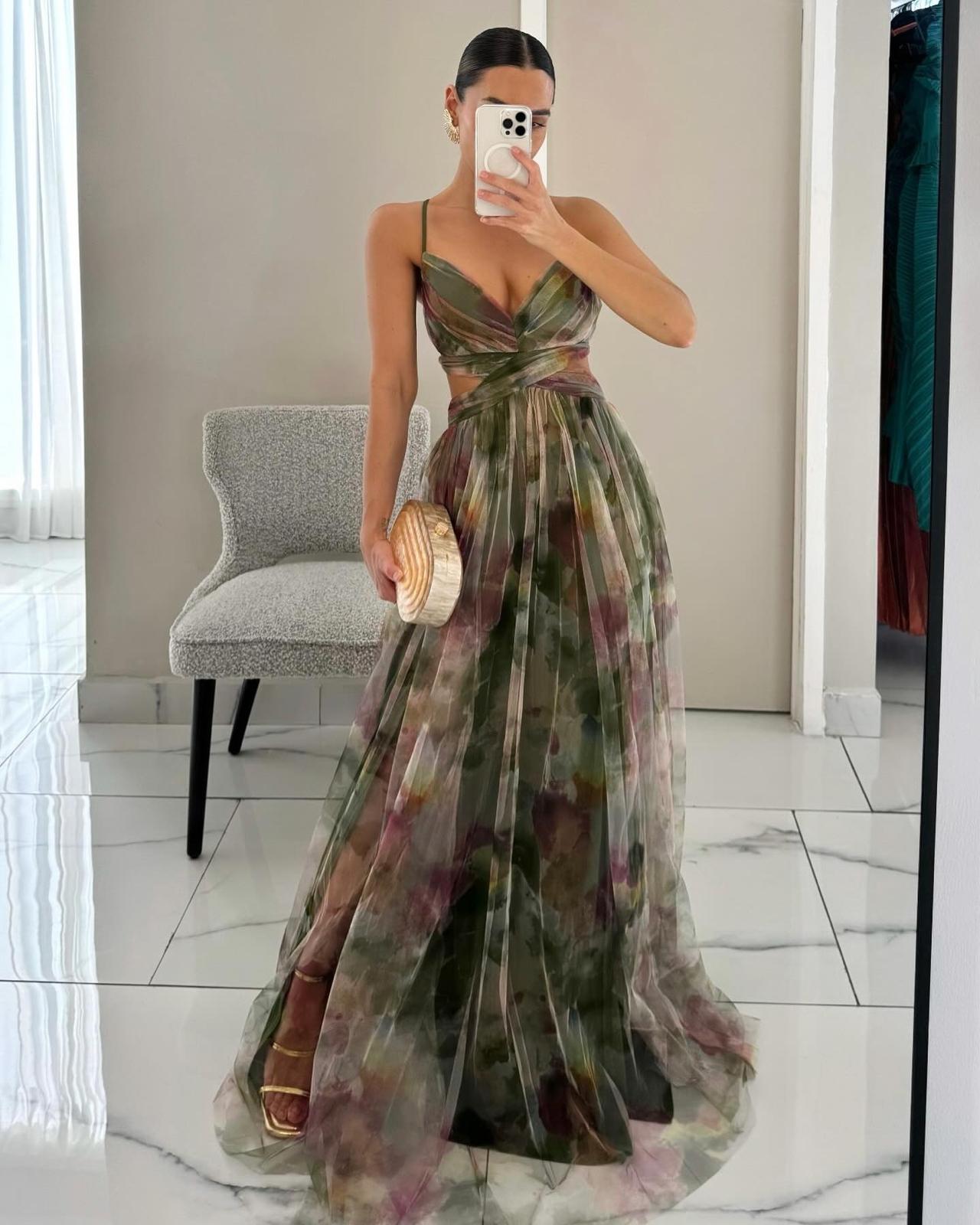 Blue and green printed dress, others colors pre-order