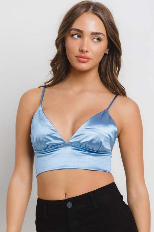 Light Blue Satin V Neck Crop Top