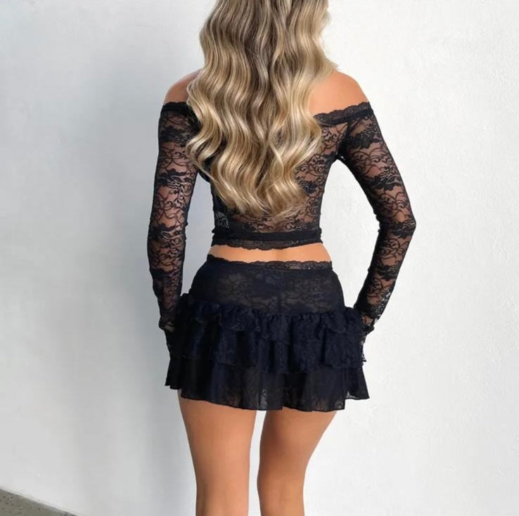 Black Lace Off Shoulder Ruffles Set