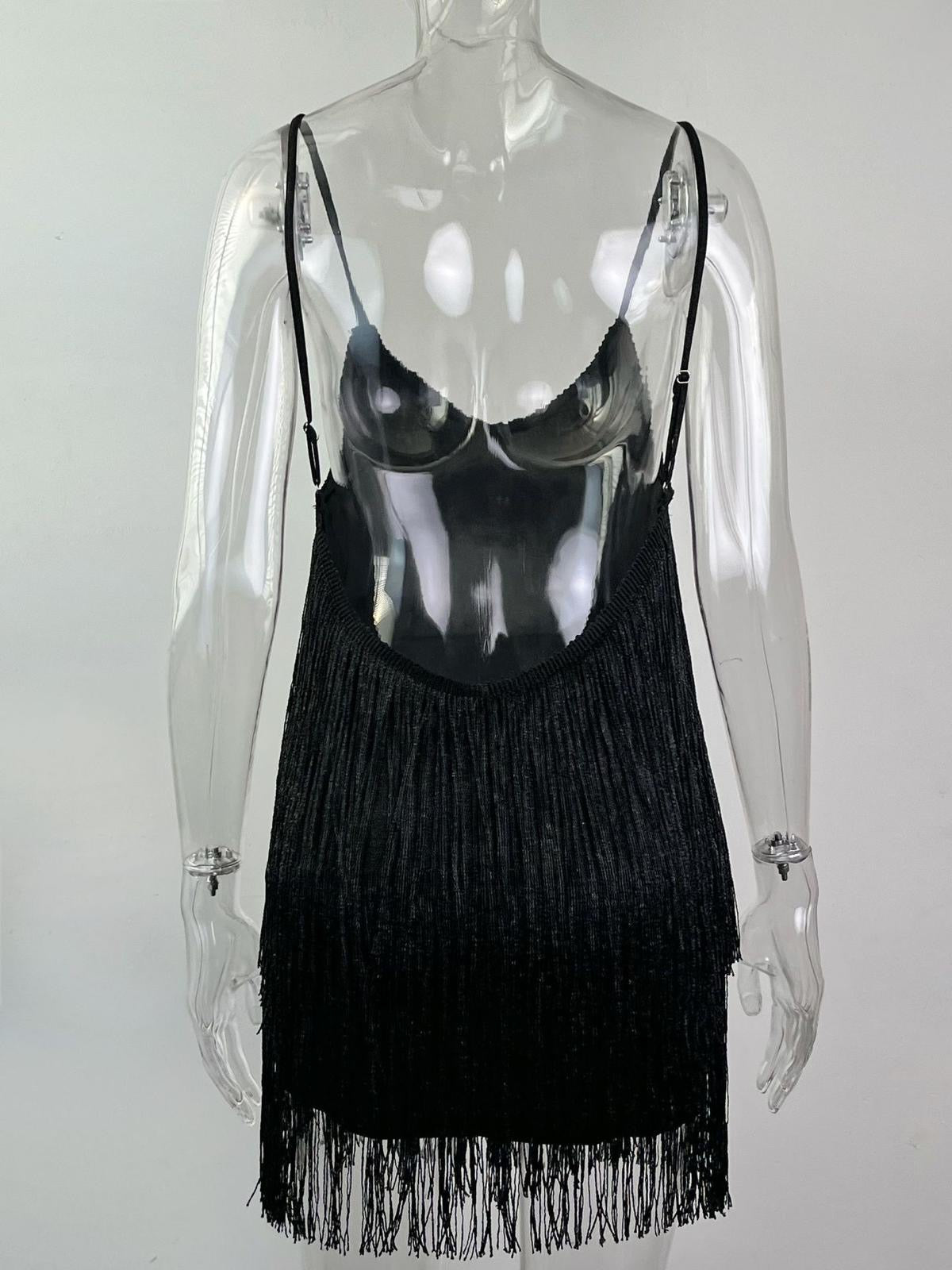 Black fringes glitter backless short dress