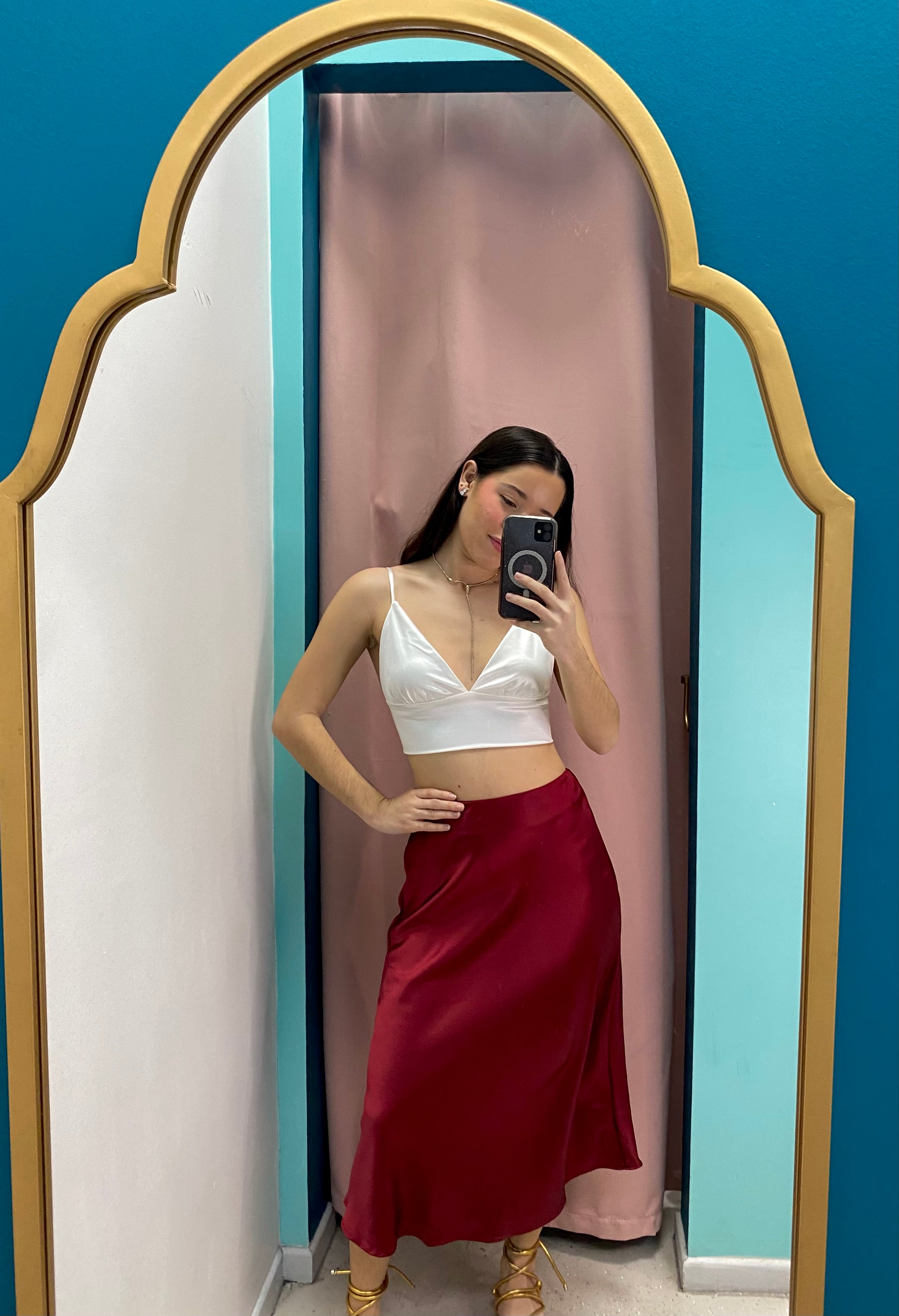 Deep Red Satin Midi Skirt