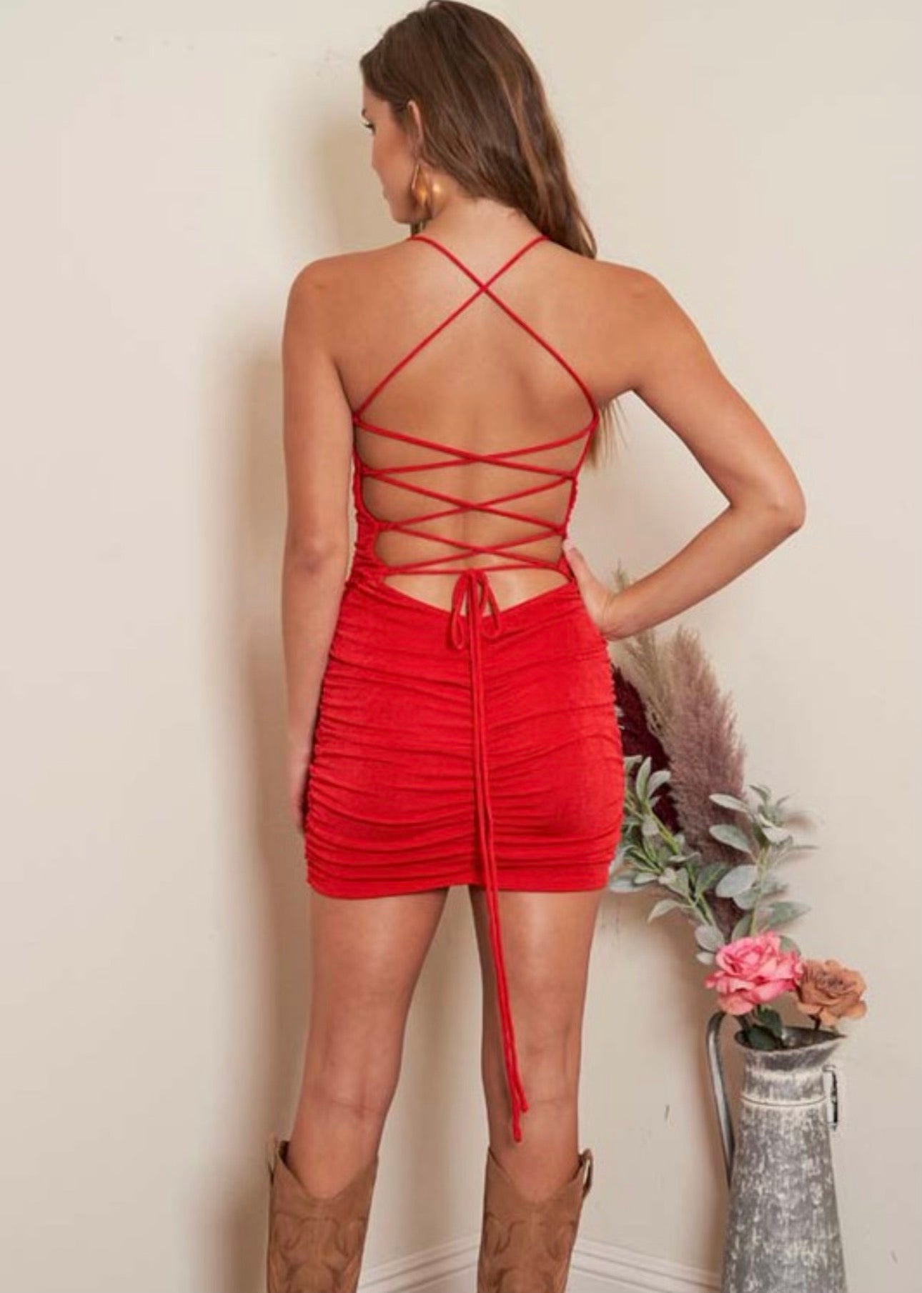 Red Ruched Laced Up Bodycon Dress