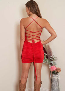 Red Ruched Laced Up Bodycon Dress