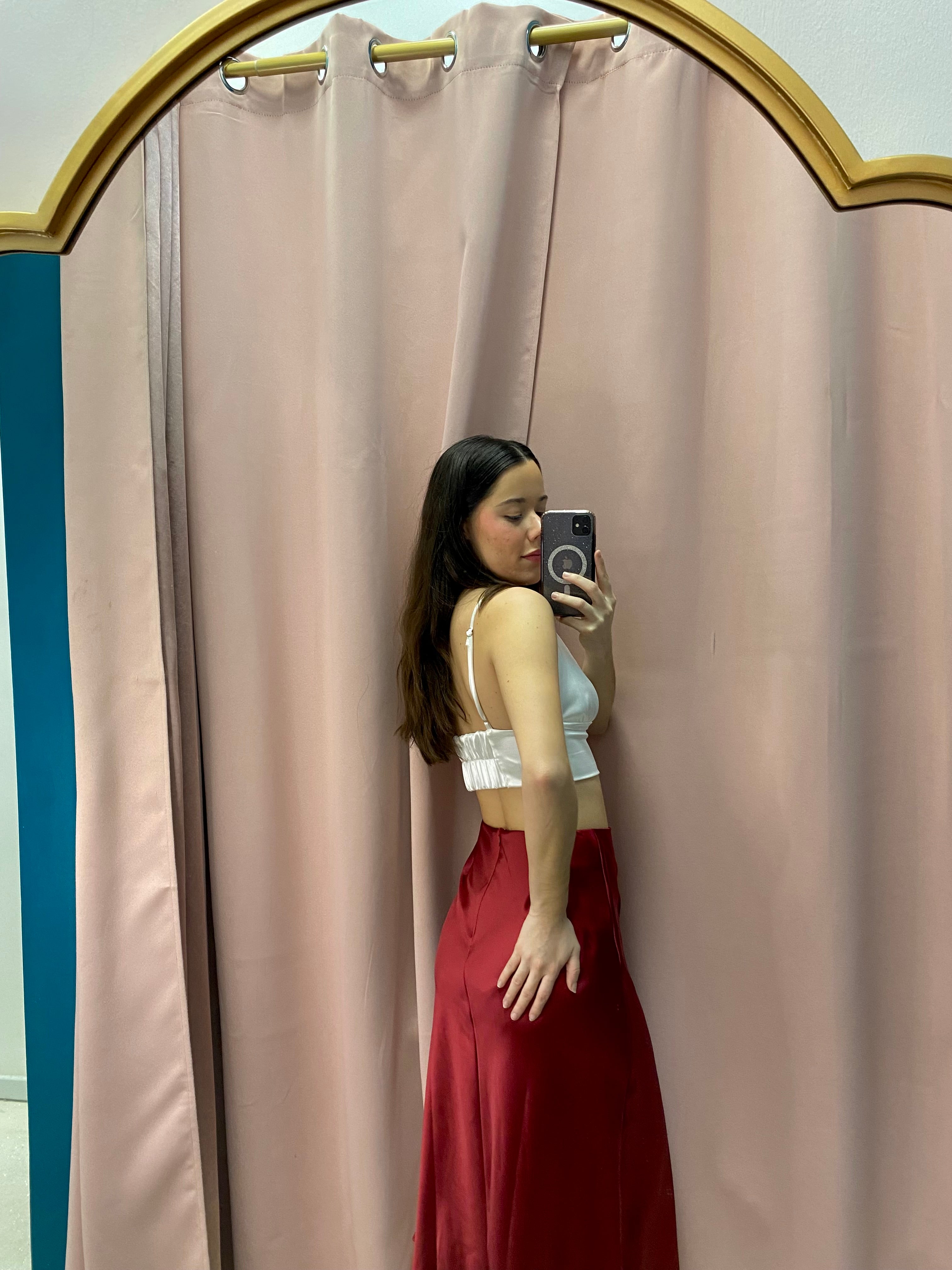 Deep Red Satin Midi Skirt