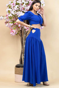 Royal blue set long cut out skirt with ruffle top