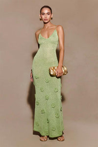 Green glitter flower knitted long dress