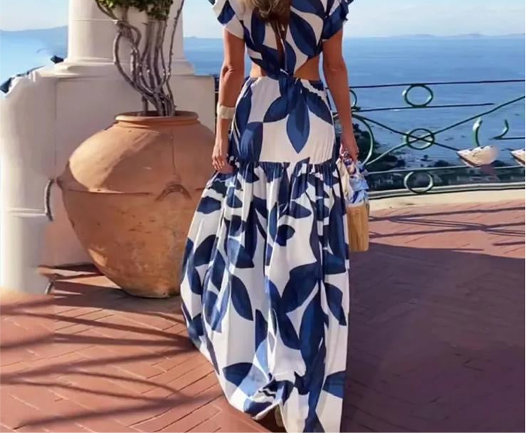 White And Blue Leaves Cutouts Maxi Dress