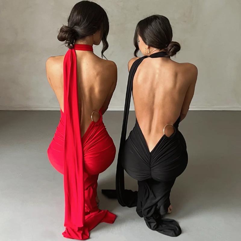 Black long dress one shoulder ring lower back
