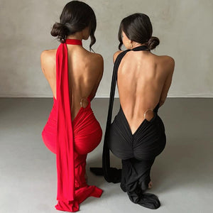 Black long dress one shoulder ring lower back