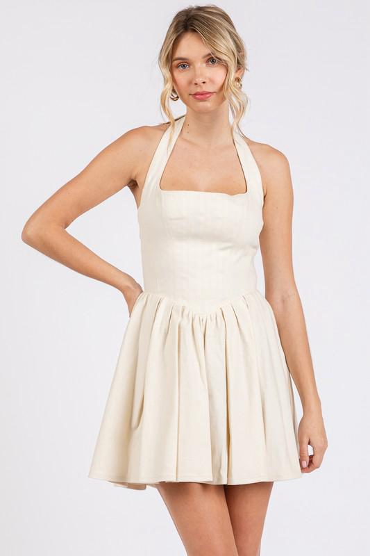 Beige Halter Open Back Short Dress