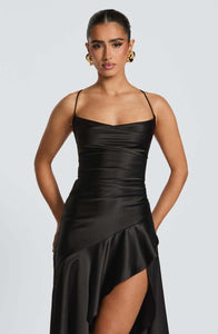 Black Satin Long Dress With Ruffled Slit