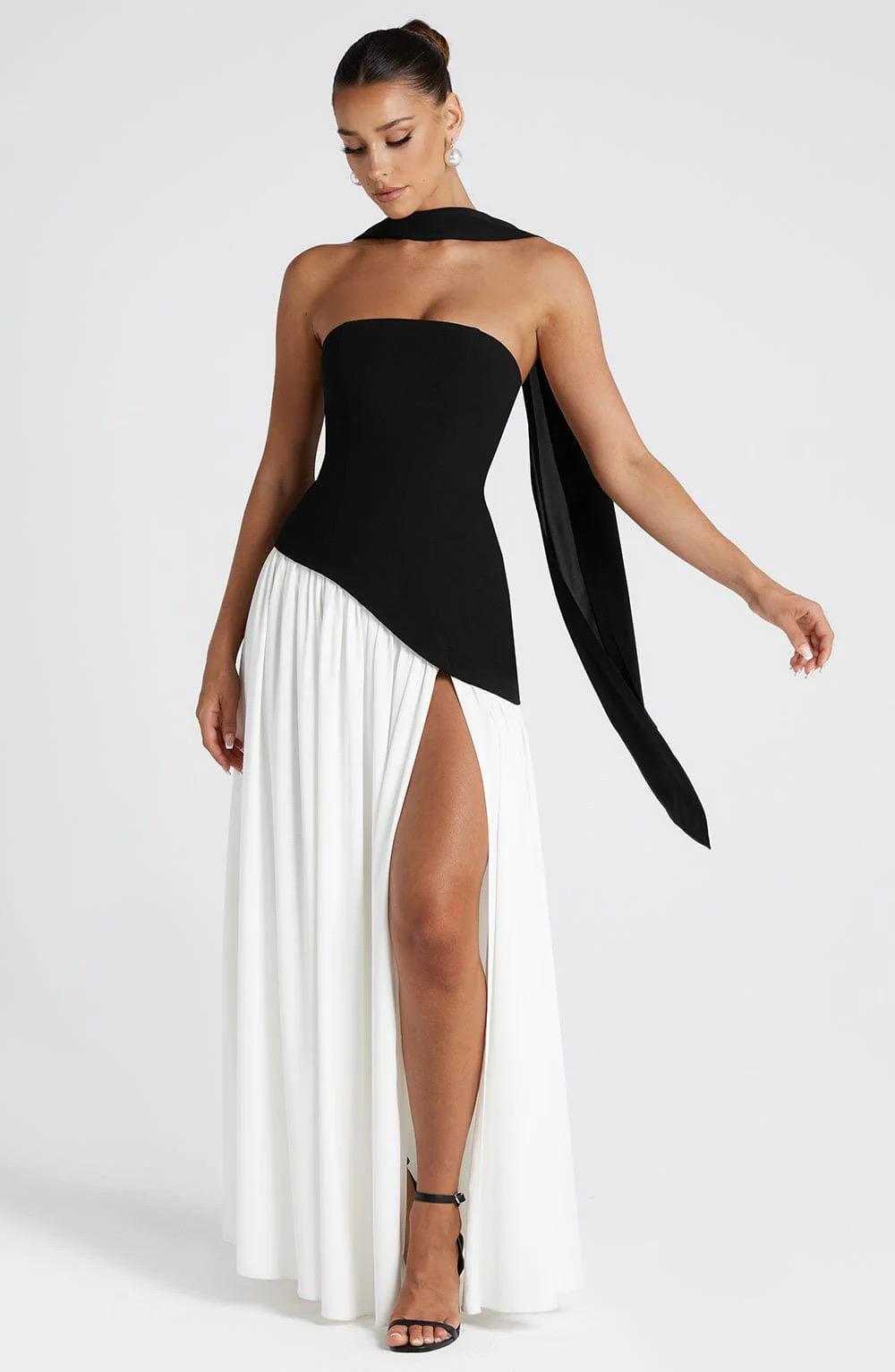 Asymmetric Long Dress Black and White