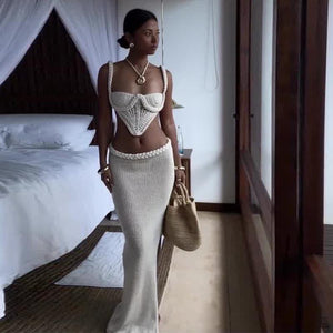 White Crochet Crop Top And Long Skirt Set