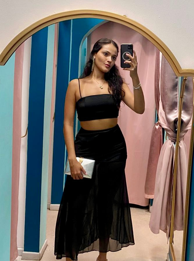 Black Satin Sheer Maxi Skirt Set