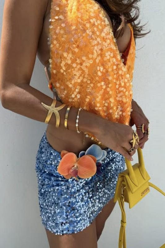Orange sequin v cut top