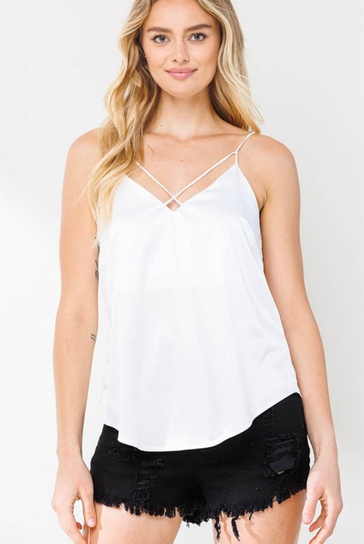 Double V Neck Satin White Blouse