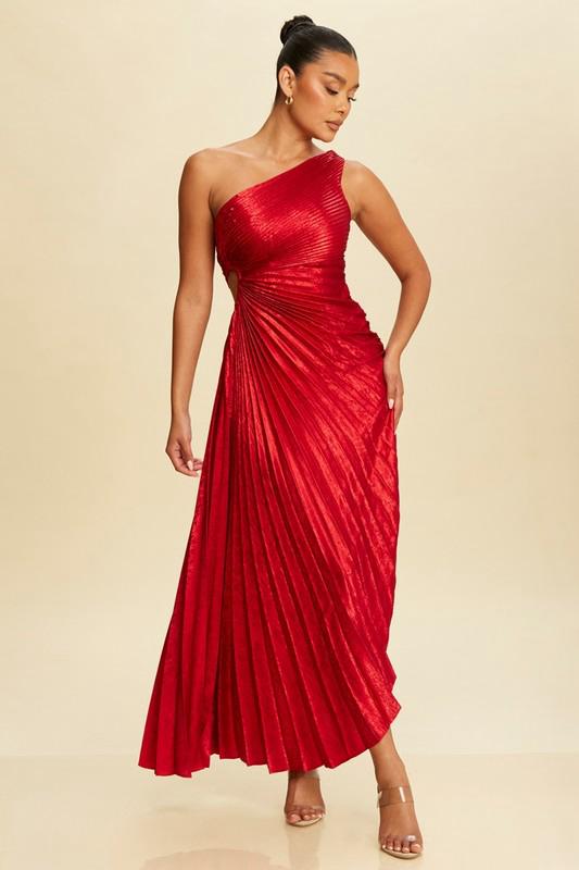 Red Pleated Glitter Long Dress