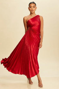 Red Pleated Glitter Long Dress