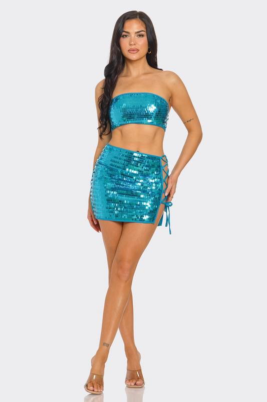 Blue Sequins Set With Straps
