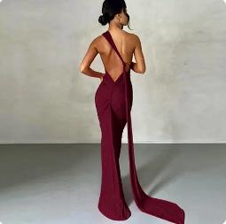 Wine Red long dress one shoulder ring lower back