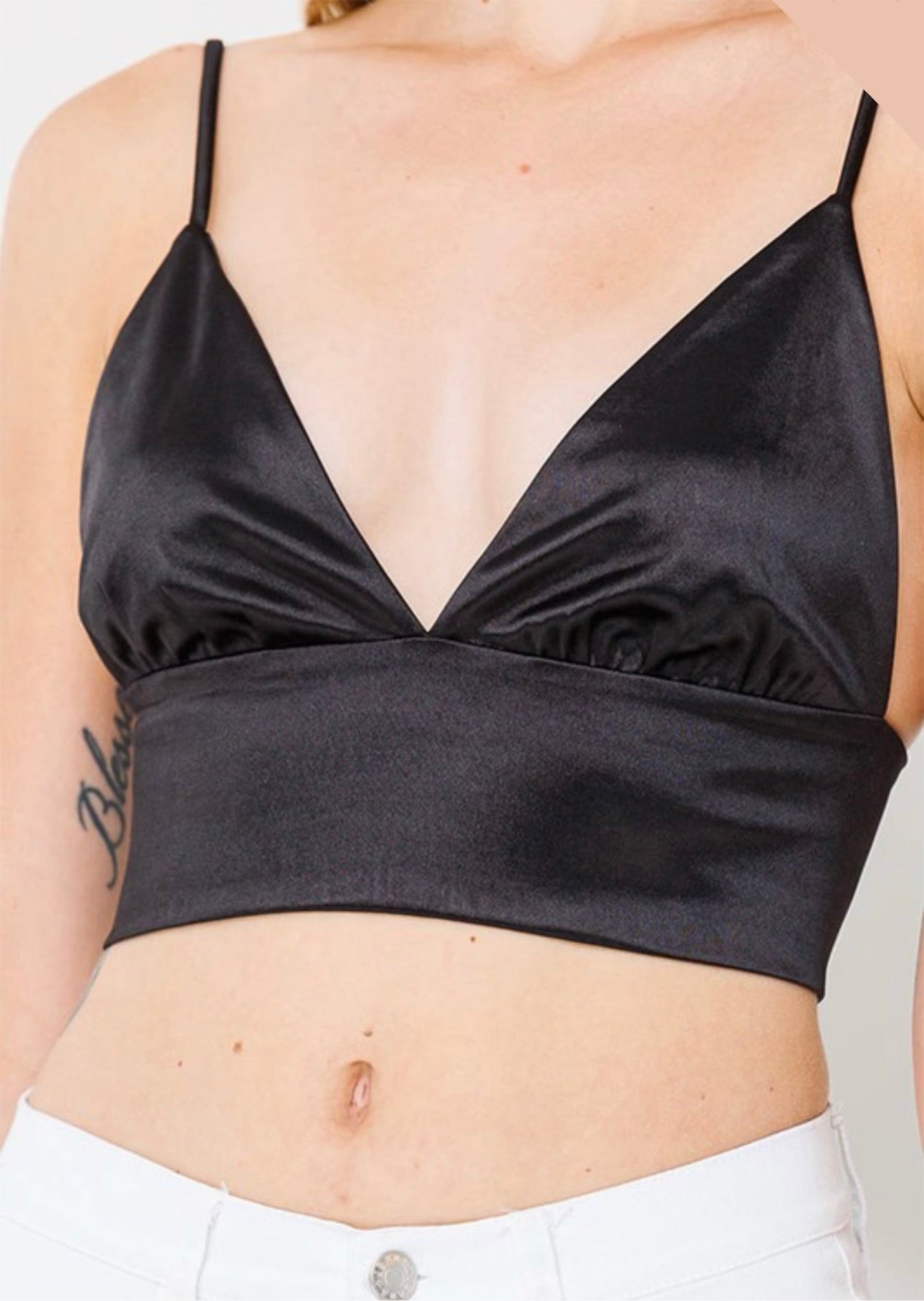 Black V neck Satin Crop Top