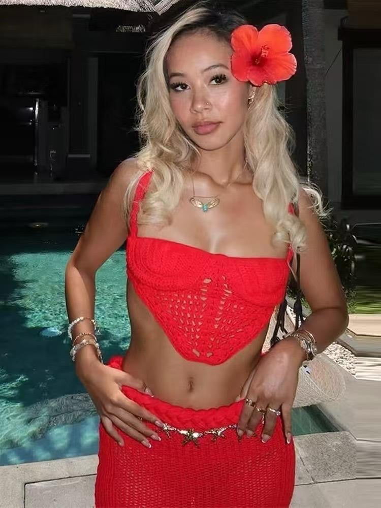 Red Crochet Crop Top And Long Skirt Set