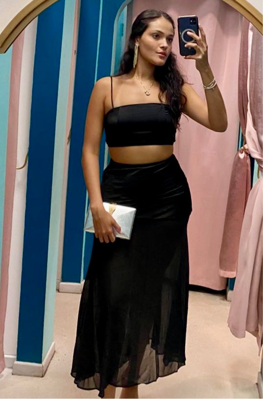 Black Satin Sheer Maxi Skirt Set