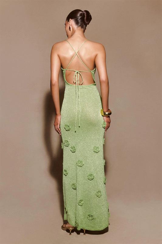 Green glitter flower knitted long dress