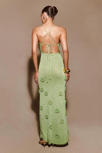 Green glitter flower knitted long dress