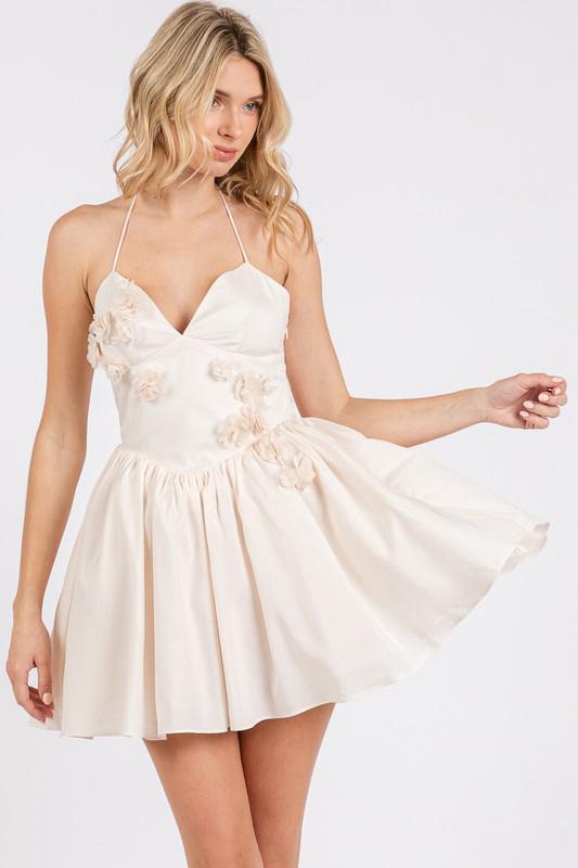 Beige V Neck Floral Details Short Dress