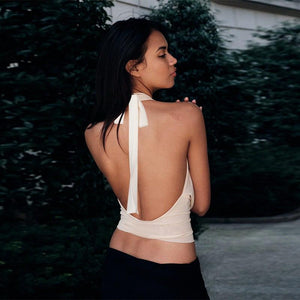 Ivory Cowl Neck Halter Top With Open Back