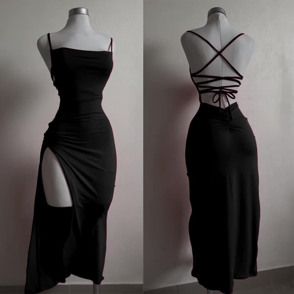 Black Open Back Midi Dress