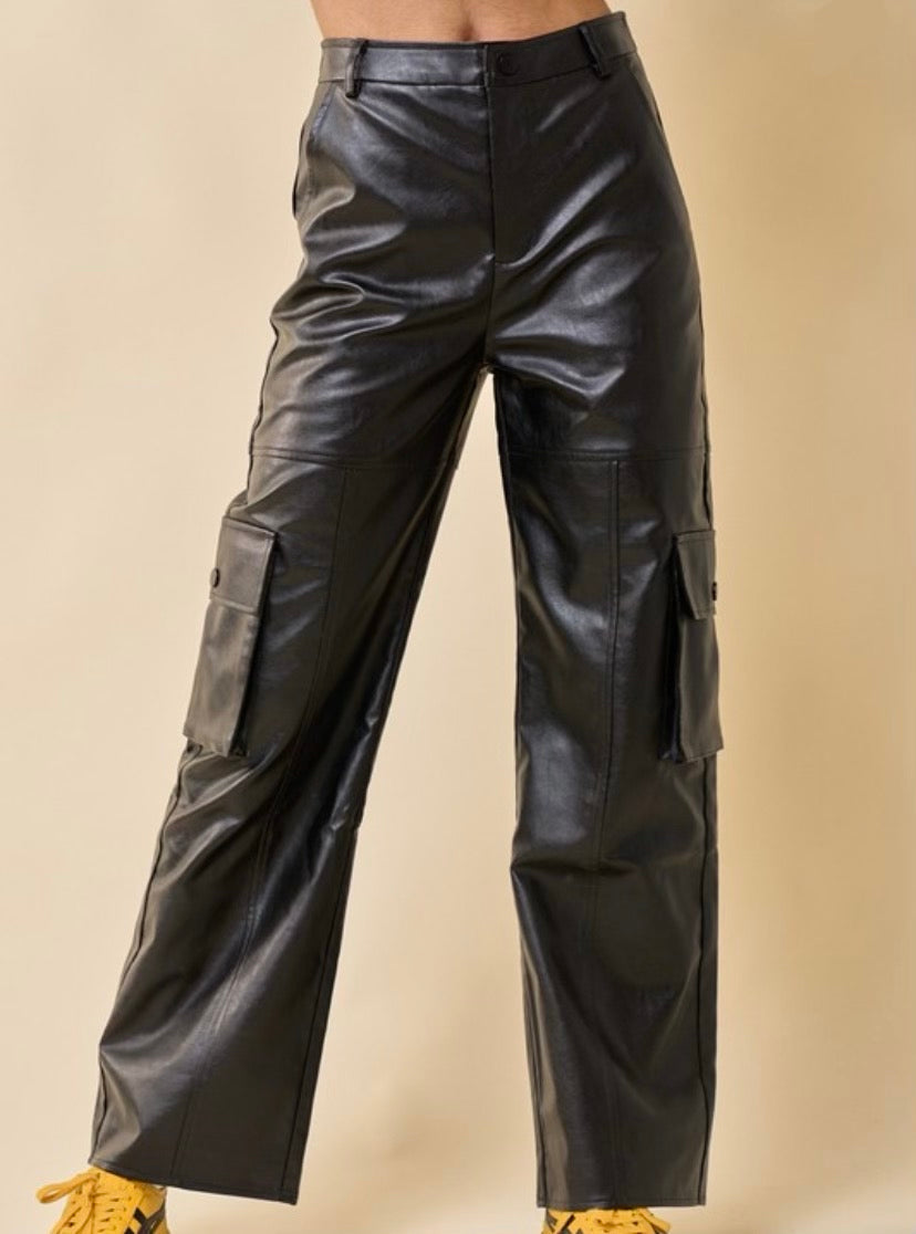 Black Faux Leather Cargo Pant