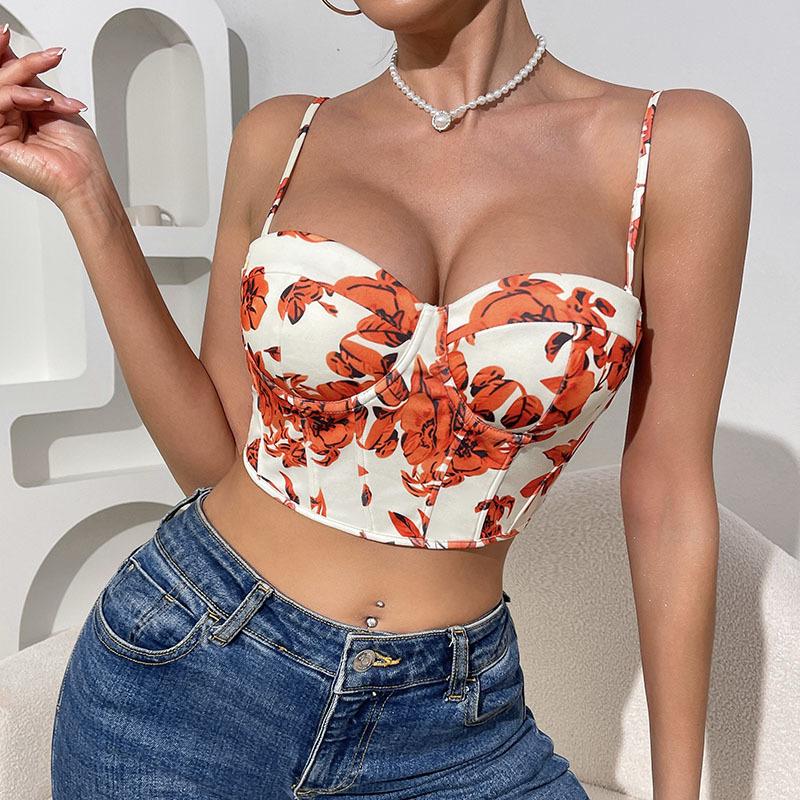 Orange and white leaves Print laced up  Corset