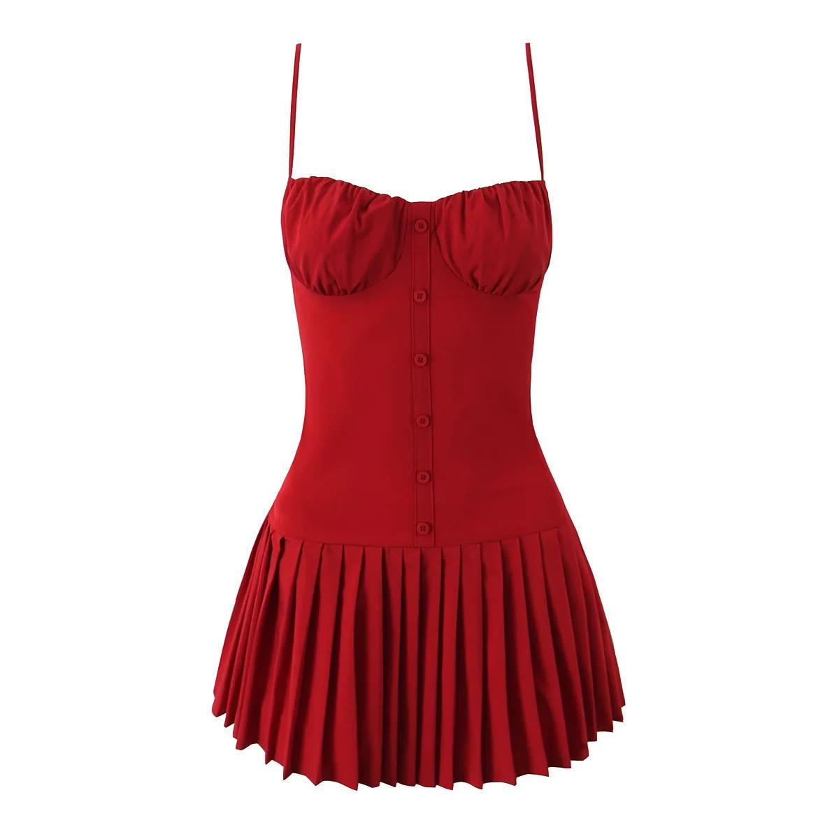 Red Button Up Pleated Skirt Short Dress