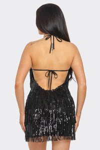 Black Halter Sequins Fringes Short Dress