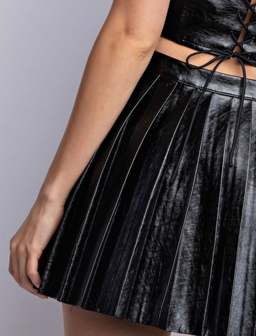 Black Leather Pleated Skirt