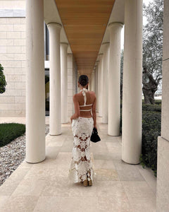 White haltered flower knitted  long dress