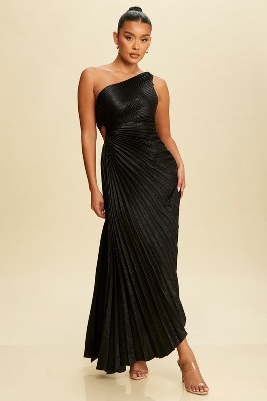 Red Pleated Glitter Asymmetric Long Dress