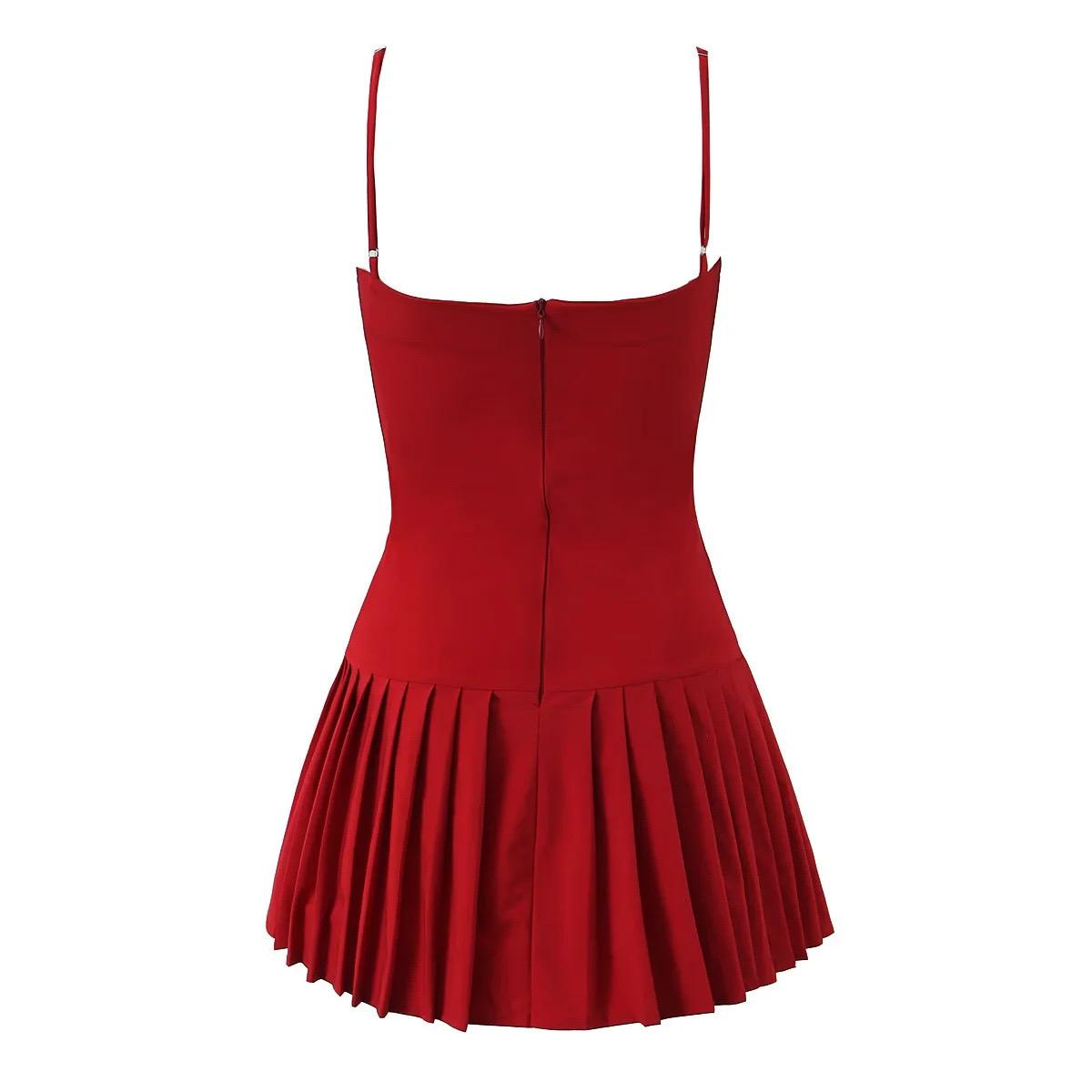 Red Button Up Pleated Skirt Short Dress
